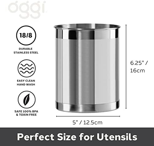 Oggi Stainless Steel Utensil Holder - 5" Diameter, Utensil Caddy, Weighted Base for Stability - Larger-Sized Utensil Crock and Countertop Utensil Organizer, Stainless Steel - Image 4