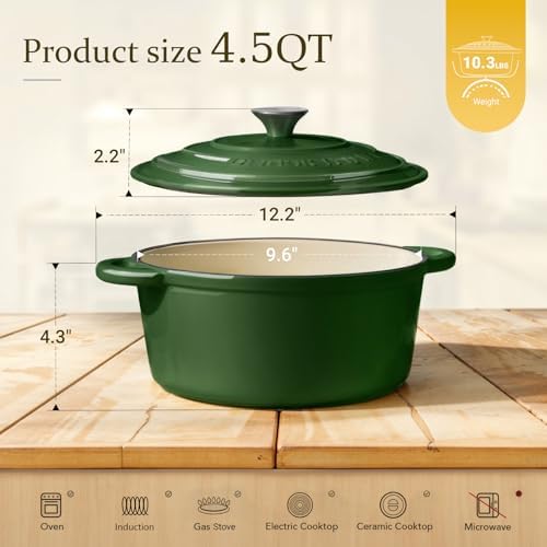 Overmont Enameled Cast Iron Dutch Oven - 4.5QT Pot with Lid Cookbook & Cotton Potholders - Heavy-Duty Cookware for Braising, Stews, Roasting, Bread Baking GlossyGreen - Image 4