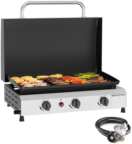 SKOK 3 Burner Gas Griddle with Hood- 23.3 Inch Outdoor Propane Griddle-45000 BTU Propane Fuelled, Portable Flat Top Gas Grill Camping Griddle with Lid by SKOK