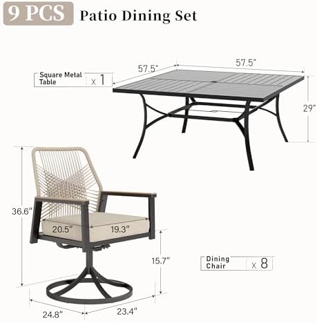 SUNSHINE VALLEY 9pc Patio Dining Set, 57.5" Square Table & 8 Swivel Chairs - Image 4