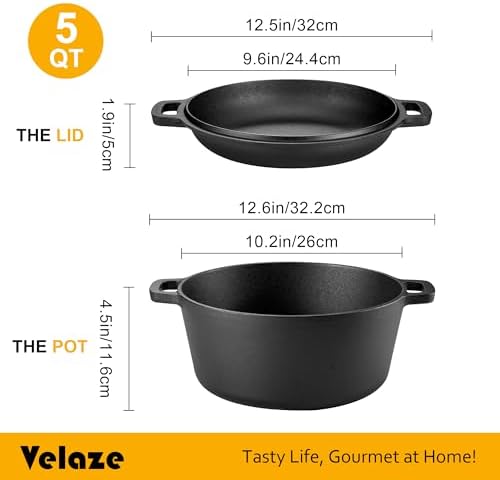 Velaze Cast Iron Dutch Oven with Skillet Lid, 2-in-1 Pre-Seasoned, 5QT - Image 2