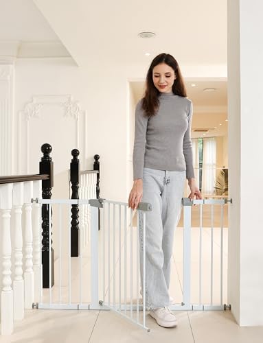 53.46"-55.63" Baby and Pet Safety Gate, 30" Tall Metal Walk-Thru Gate for Doorways & Stairs, Easy One-Hand Open, Dual Lock, Extensions & Wall Mounts Included (White, 29"-54" W x 30.5“H) by SafeGo