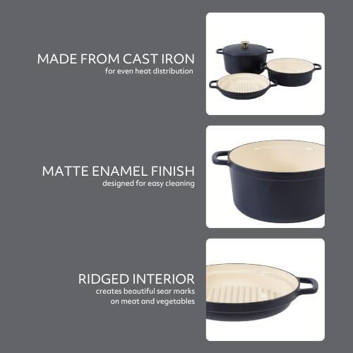 Sur La Table Kitchen Essentials 4-Piece Enameled Cast Iron Stackable Cookware Set, 5.3 Qt Dutch Oven with Lid, Braiser & Grill Pan, Navy Blue, Gold Knob Oven Safe to 500°F, Induction Compatible - Image 4
