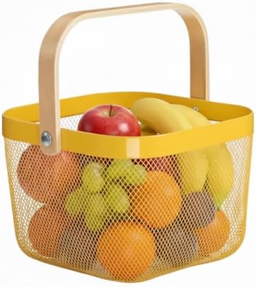Mesh Steel Storage Organizer Basket Fruit Basket Bin with Wood Handle Ideal for Kitchen Bathroom Picnic Baskets Pantry Cabinets Storage Home Decor (Lemon Yellow) by Ymeibe