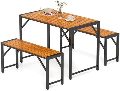 Tangkula 3-Pieces Patio Dining Set for 4 People, Outdoor Picnic Table & 2 Benches, 44" Acacia Wood Dining Table w/Metal Frame, Space-Saving Dinette Set for Garden Porch Poolside Yard Balcony by TANGKULA