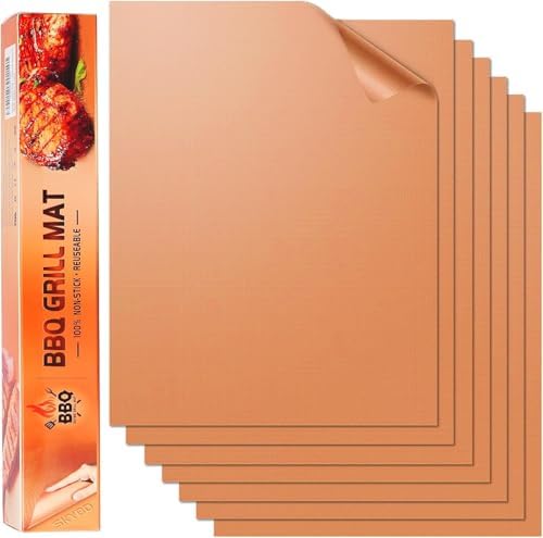 Copper Grill Mats for Outdoor Grill（Set of 6), Nonstick & Easy to Clean BBQ Grilling Sheets, Reusable & Heavy Duty Mats Works on Outdoor Gas, Electric, Charcoal Grill by SKYBD