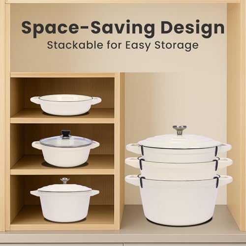QuliMetal Enameled Cast Iron Set 5-Pc, 10" Stackable Space-Saving Cookware Set, Dutch Oven, Skillet, Grill Pan, with 2 Universal Lid, Versatile Enamel Dutch Oven, Included Spacers, White - Image 2