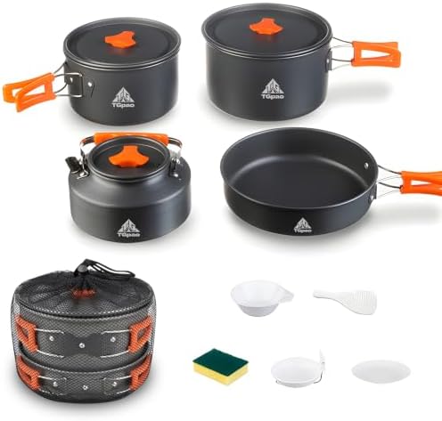 Collapsible Camping Cookware Set, Portable 4-in-1 Outdoor Camping pots and Pans Set with Nonstick Frypan, Pot, Kettle & Carry Bag, Hard-Anodized Aluminum for Camping, Hiking (2-6 Person) by TianGang