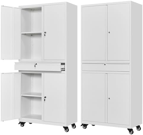 Letaya Metal Garage Storage Cabinet with Wheels,72“ Rolling Tool Cabinet with 4 Door Lock-Adjustable Shelves and Drawer for Garage Home Office Utility Room (White with Wheels) by LetayaMetalCabinets