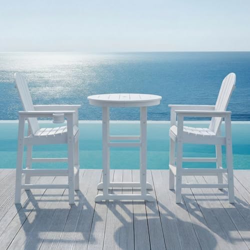 3-Piece White Counter Height Bar Dining Set with 1.96-inch Center Hole, 42.1" HDPE Indoor/Outdoor Round Bar Table with 2 Bar Stools, All-Weather Patio Bistro Set for Deck, Balcony, Poolside & Coastal by SCANORDIC