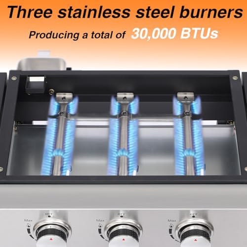 Gas Grill Griddle Combo with 3 Burners - Propane Grill on Cart - Stainless Steel 30,000 BTU -Camping Grill with 2 Foldable Tables, Cover - Outdoor Cooking Station for BBQ Backyard - Image 3