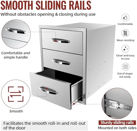 Outdoor Kitchen BBQ Drawers 18" W x 23" H x 23" D Stainless Steel Built-in with Handle Weatherproof Storage for Outdoor Grill Station Accessories - Image 5
