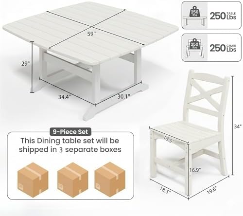 Outdoor Dining Set, HDPE 9-Piece Patio Table and Chairs Set, All-Weather Outdoor Dining Table Set for 8 with Umbrella Hole, Durable Patio Furniture Set with Chairs,White - Image 3