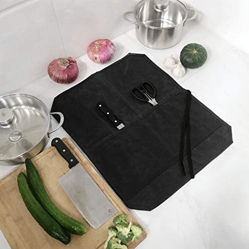 Knife Roll, Chef's Knife Roll Bag, Heavy Duty Waxed Canvas Knife Bag With 7 Slots (Black) - Image 4