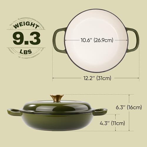 3 Quart Enameled Cast Iron Braiser, Non Stick Enameled Cast Iron Skillet with Lid, Dutch Oven Skillet with lid up to 500°F for Oven, Stove, Grill, Shallow Dutch Oven for Cook, Bake (Golden Green) - Image 3