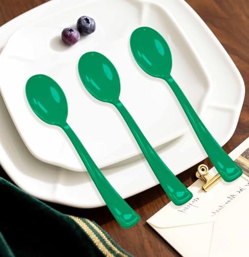 SietDESEO 25 PCS Green Plastic Spoons Disposable Utensils Heavy Duty Green Spoons Disposable Cutlery for Birthday Wedding Baby Shower Bridal Shower Plastic Silverware - Image 5