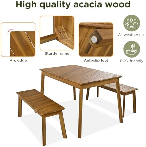 3-Pcs Outdoor Patio Dining Table & 2 Bench for 4, Wood Dining Table Set Outdoor & Indoor Furniture for Patio, Porch, Garden, Poolside, 3-Pcs, Wood - Image 3