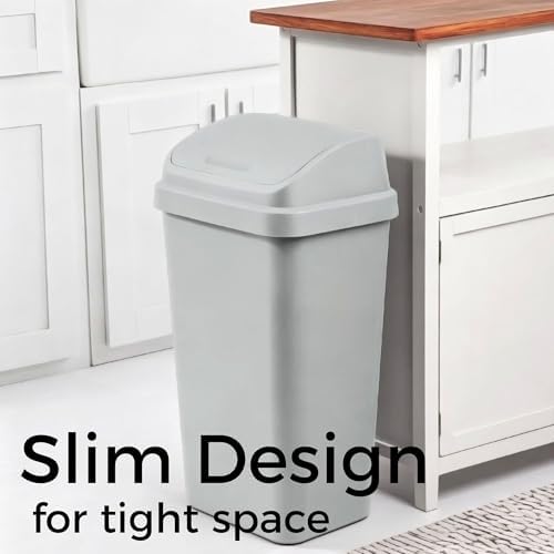 13 Gallon Kitchen Trash Can with Removable Swing Top Lid, Plastic, Rectangular, Gray, Wastebasket for Kitchen, Bathroom, Garage, Office - Image 3
