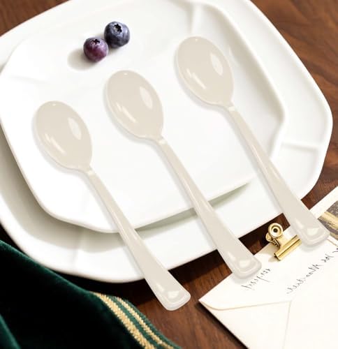 SietDESEO 25 PCS Ivory Plastic Spoons Disposable Utensils Heavy Duty Ivory Spoons Disposable Cutlery for Birthday Wedding Baby Shower Bridal Shower Plastic Silverware - Image 4