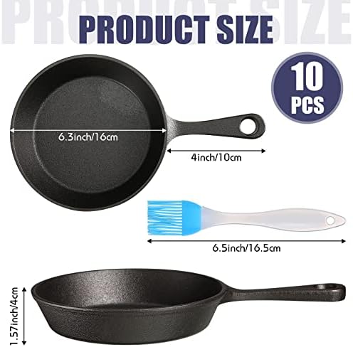 Skylety 10 Sets 6. 3 Inches Mini Cast Iron Skillets Small Black Sizzling Plate Cast Iron Skillets Frying Pan Set with Oil Brush for Indoor Outdoor Restaurant Kitchen - Image 2