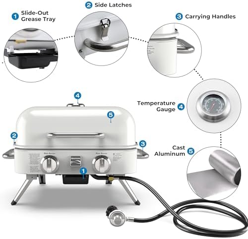 Kenmore Portable Propane Gas Grill - Tabletop BBQ Grill with Warming Rack, 2 Stainless Steel Burners with 14,000 BTUs, for Outdoor Kitchen, Camping, Pearl - Image 5
