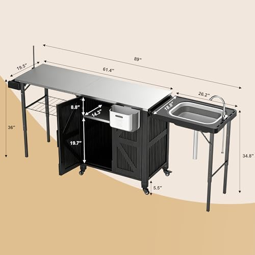 Outdoor Grill Cart with Storage Cabinet, 3-in-1 Movable Kitchen Island Cart, Outdoor Grill Cooking Station with Stainless Steel Countertop&Rolling Wheels&Folding Side Tables for Backyard Patio - Image 2