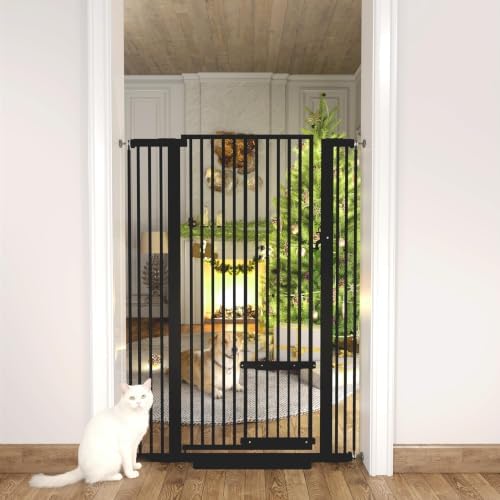 55.11" Extra Tall Cat Gate 29.5-40.6 Wide Pet gate for Doorway Pet Gate with Cat Doors NO Drilling Pressure Mount Kit for Cats and Dogs Indoor Doorways liveing Room Bedroom-Black by PamperYourPet