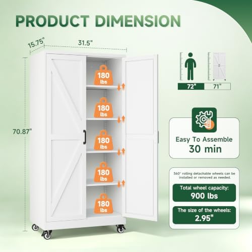 Letaya Metal Garage Storage Cabinet with Wheels,71" White Tool Steel Locker - Image 3