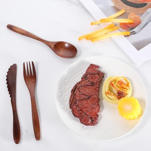 6 Pcs Wooden Utensils for Eating, Wooden Spoon Fork Cutlery Set - Image 3