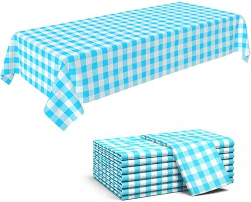 Turquoise Blue Gingham Tablecloth 8 Pack, Disposable Plastic 54 x 108 Inch by CrystalLemon