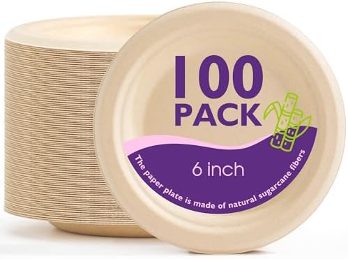 6 Inch 100 Pack Compostable Small Paper Plates by PACKINNO