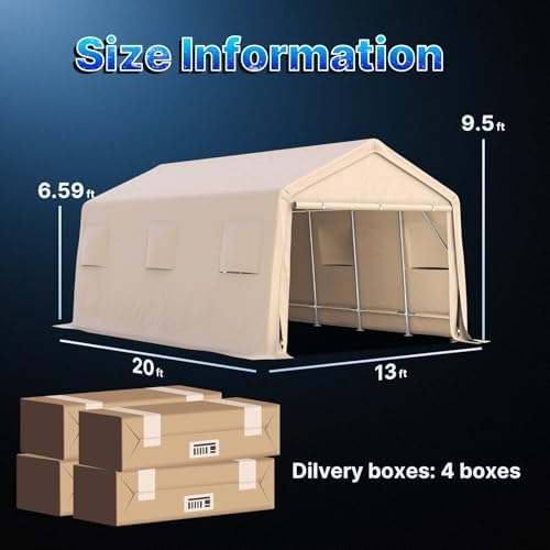 ADVANCE OUTDOOR 13x20 ft Carport 2 Roll up Doors & Vents Outdoor Portable Storage Shelter Garage Tent for Vehicle Boat Truck Anti-UV Snow Resistant Waterproof, Beige - Image 5