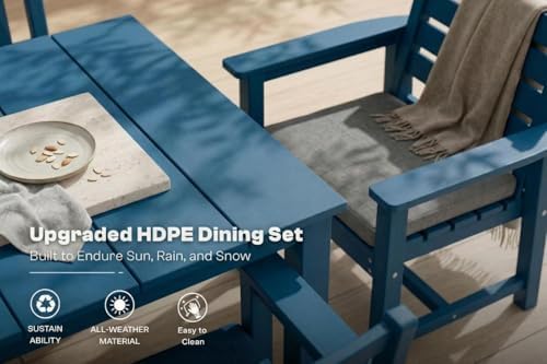 Perli™ 5-Piece Outdoor Dining Set, All-Weather HDPE Patio Furniture with 4 Armrest Chairs and Rectangular Table, UV-Resistant 4-Person Set for Deck, Backyard, Blue - Image 3