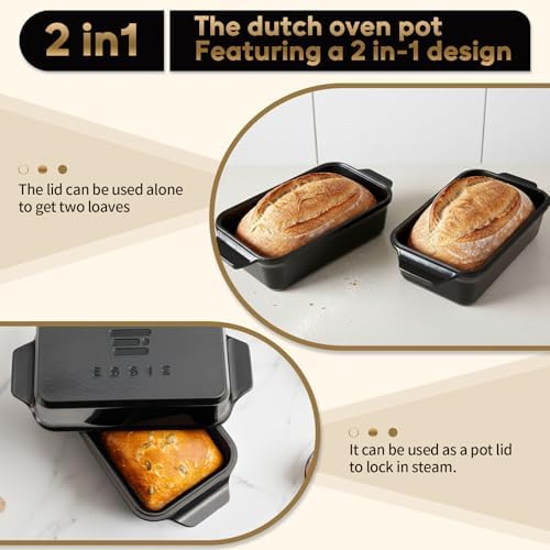 Enameled Cast Iron Dutch Oven for Bread Baking, 9×5 Dutch Oven Pot with Lid for Homemade Bread, 2 in 1 Sourdough Bread Pan with Lid, Roasting & Braising, Oven & Induction Safe (4.2 QT,Black) - Image 3