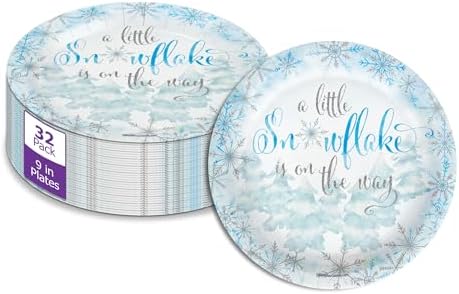 Birthday Galore A Little Snowflake is On The Way Boy's Baby Shower - 32 Piece Disposable Party Supplies - Winter Baby Shower Decorations - Round Party Plates - Large 9" Paper Plates In Bulk by BirthdayGalore