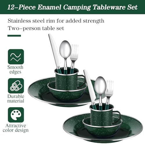 Nuogo 12 Pcs Enamel Camping Tableware Set Dinnerware Kit - Image 4