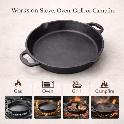 20" Cast Iron Skillet with Dual Handles, Pre-Seasoned Heavy-Duty Frying Pan for Grill, Stovetop, Oven & Campfire Cooking, Large Family-Size Pizza Pan & Outdoor Cookware (Black) - Image 6