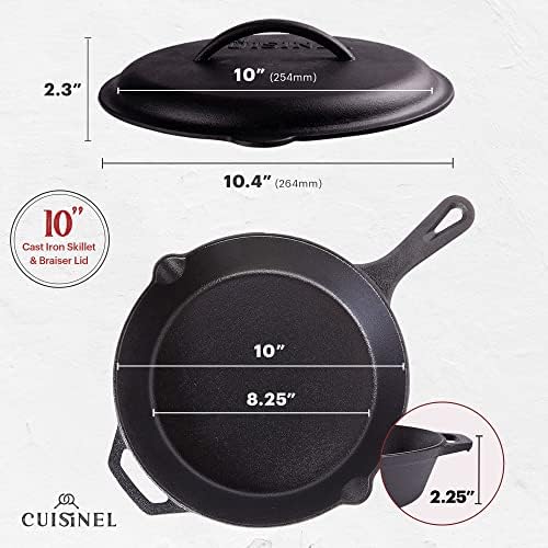 Cuisinel Cast Iron Skillet with Lid - 10"-inch Pre-Seasoned Covered Frying Pan Set + Silicone Handle and Lid Holders + Scraper/Cleaner - Use Indoor/Outdoor, Oven, Stove, BBQ, Fire, Grill Cookware - Image 2
