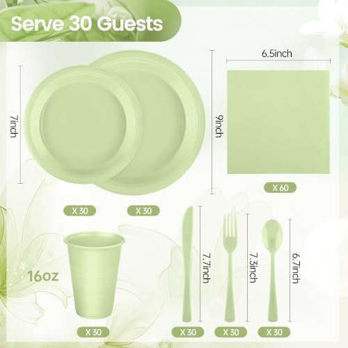 Kochorie 240 Pieces Sage Green Plastic Dinnerware Set Disposable Heavy Duty Plates Napkins Cups Silverware Dessert Dinner Plates for Birthday Wedding Baby Shower Party Supplies, Serves 30 Guests - Image 2