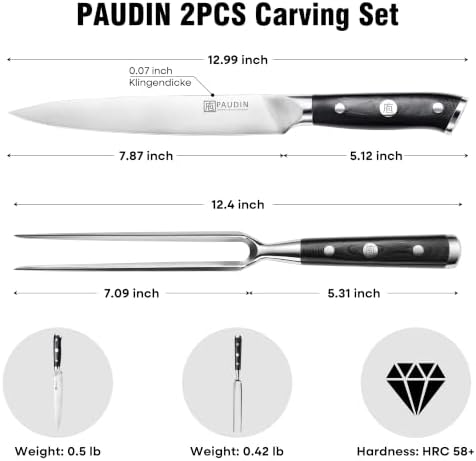 PAUDIN Carving Knife Set, 8 inch German High Carbon Stainless Steel Meat Slicing Knife with 7 inch Turkey Fork, Ergonomic Full Tang G10 Handle, Dishwasher Safe,BBQ Brisket Slicer,Cooking Gifts for Men - Image 5