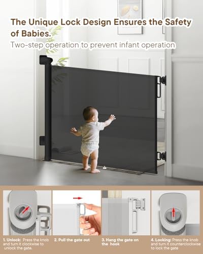 Retractable Baby Gates, 34" Tall Fits Up to 55" Wide, Black - Image 4