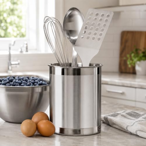 Oggi Stainless Steel Utensil Holder - 5" Diameter, Utensil Caddy, Weighted Base for Stability - Larger-Sized Utensil Crock and Countertop Utensil Organizer, Stainless Steel - Image 6