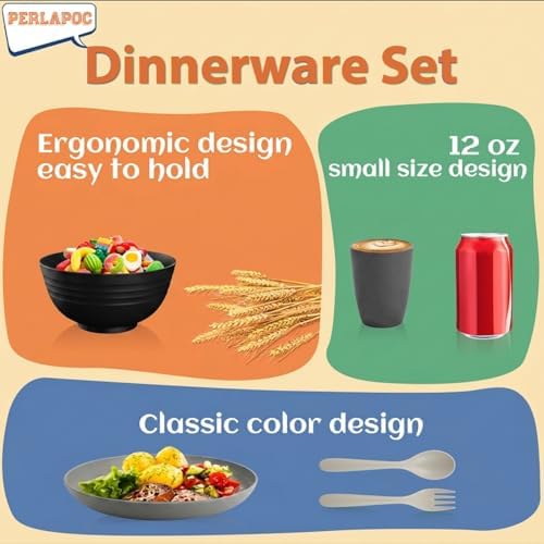 20 PCS Wheat Straw Plates and Bowls Sets,Kids Dishes Dinnerware Sets for 4,Unbreakable Kitchen Plates and Bowls Set for Travel Dishwasher & Microwave Safe Lightweight Dishes Set - BlackGrey - Image 7