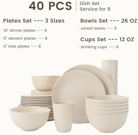 Homienly 40 PCS Dinnerware Set Service for 8, Kitchen Wheat Straw Dinnerware Set Unbreakable - Plates Set, Bowls Set,Cups Set, Microwave and Dishwasher Safe Dish Set for Dinner, Outdoor(Beige) - Image 2