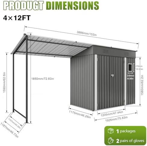 12x4FT Metal Lean-to Shed with Open-Sided Pergola, 4'x6' Outdoor Storage Shed & 6'x4' Hardtop Gazebo Combo, 2-in-1 Garden Storage Tool Shed for Patio, Backyard, Outdoor Organization Structure - Image 2