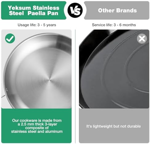 Yeksum Tri-Ply Stainless Steel Paella Pan Large Saute Pan with Lid (Stainless Steel, 13.5 INCH) - Image 3