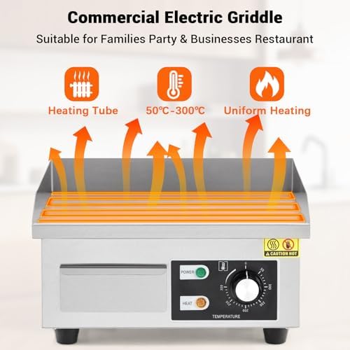 Commercial Electric Griddle 14 Inch – 1500W Stainless Steel, Non-Stick Flat Top Teppanyaki Grill, Adjustable Temp 50°C-300°C (122°F-572°F), Includes 2 Shovels & 2 Brushes, Countertop - Image 3