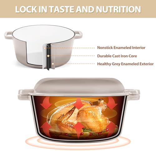 TeamFar 5qt Dutch Oven, Pre-seasoned Cast Iron for Bread Baking, Khaki - Image 3