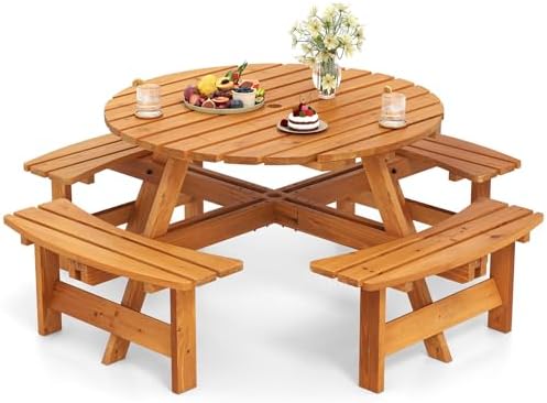 GIANTEX 8-Person Round Picnic Table Set with 4 Benches, 550 LBS Bench Capacity, 2" Umbrella Hole, Circular Outdoor Wood Dining Table & Chairs for Patio Yard Garden Porch Deck (71”x71”x28”,Yellow) by Giantex