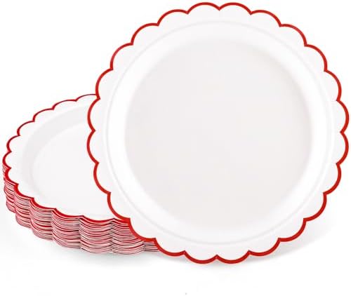 NatNarr 30 Pk Red Paper Plates 7" Scalloped Red White Dessert Cake Plates by NatNarr